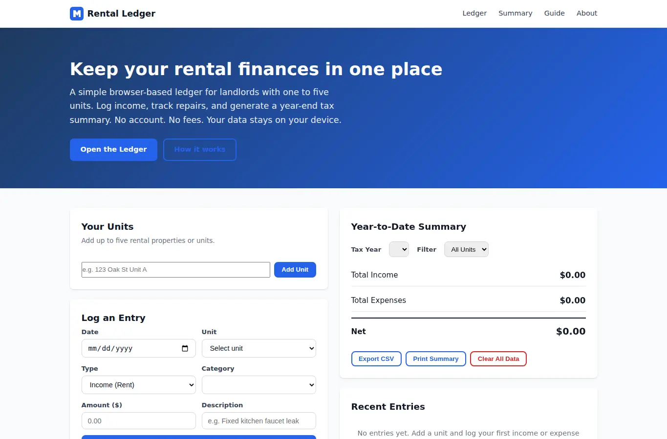 Screenshot of Small Rental Property Expense Ledger interface showing the project page in use